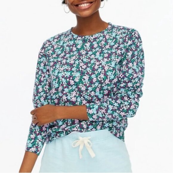 J. Crew Tops - J. Crew Floral French Terry Sweatshirt Size L Blue Green NWOT
